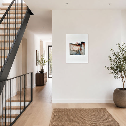 Magma Momento by Hein Botha, an abstract acrylic ink and watercolour painting on paper displayed in a contemporary interior beside a modern staircase.