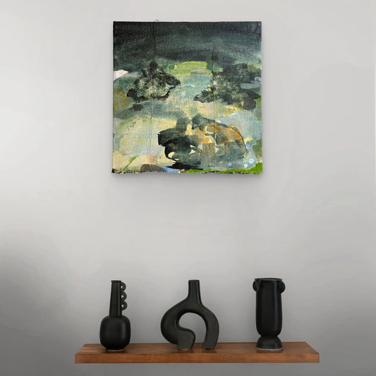 Boulders by Linda McCann, an original abstract acrylic painting on linen, displayed above a wooden shelf with three black ceramic vases in a contemporary interior.