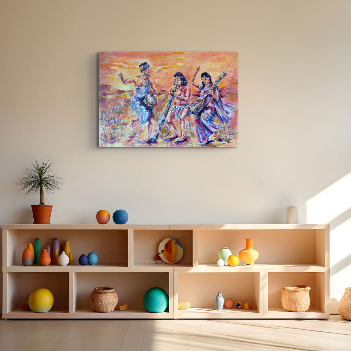 Untamed Harmony by Grady T Zeeman displayed above pale wood shelving in a bright contemporary interior.