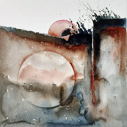 Magma Momento by Hein Botha, an abstract acrylic ink and watercolour painting with circular forms, layered washes and splashes in rust, black and muted blue-grey.