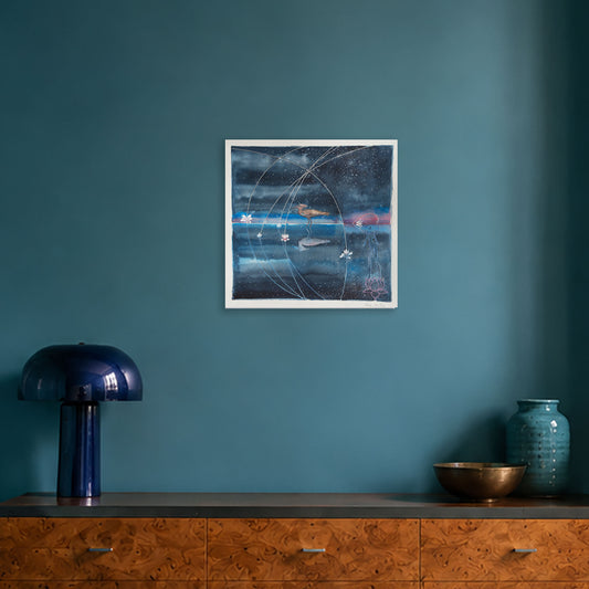 San Myth Souls & Shooting Stars by Hein Botha, a watercolour painting on paper featuring birds, celestial arcs and floral forms, displayed against a deep blue wall in a contemporary interior.