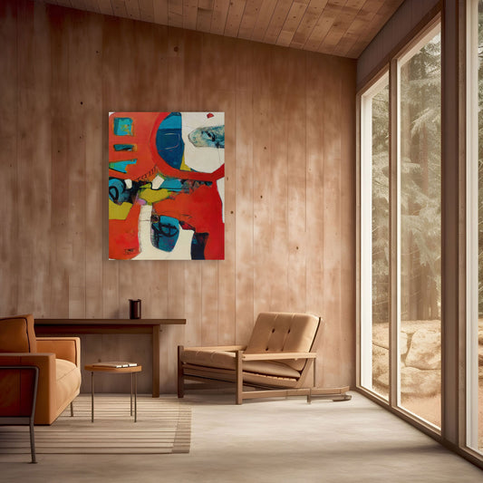 While Rome Burns by Karen Hammat displayed on a timber-panelled wall in a warm contemporary interior with large windows.