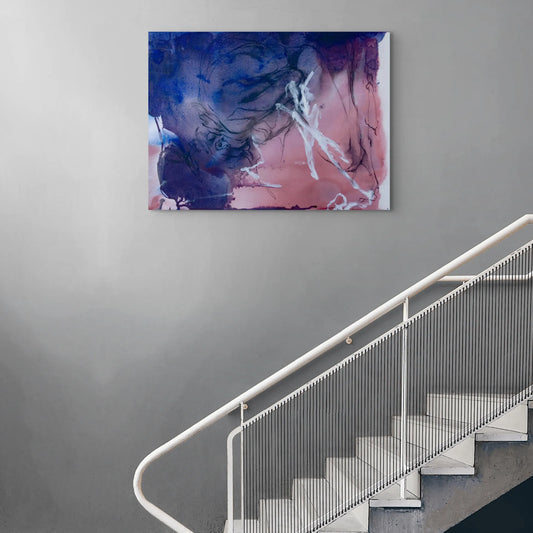 Residual Air by Via Li displayed on a grey wall above a industrial style staircase.