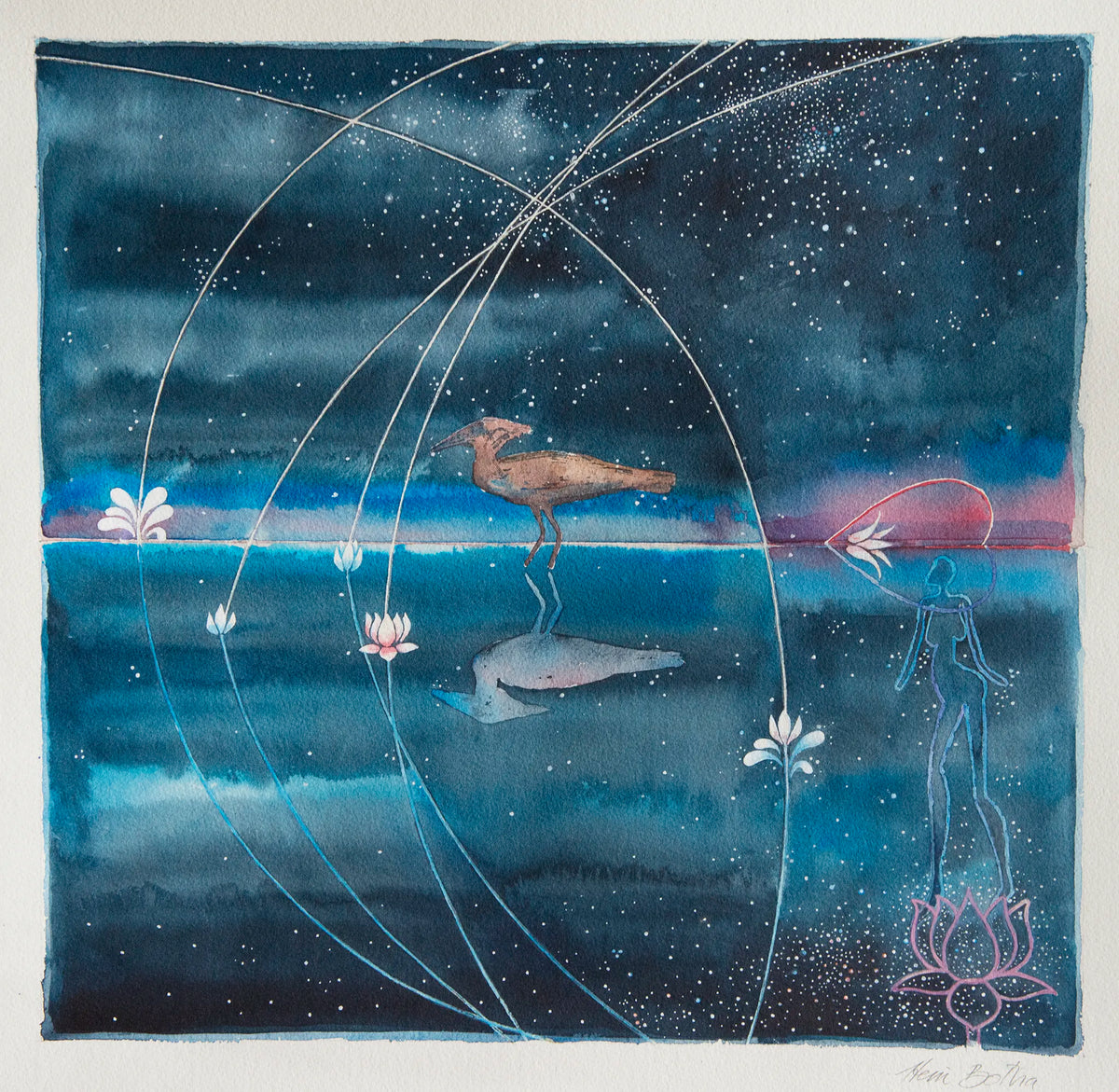 San Myth Souls & Shooting Stars by Hein Botha, an abstract watercolour painting shown on the full sheet of white paper with the artist’s signature visible.