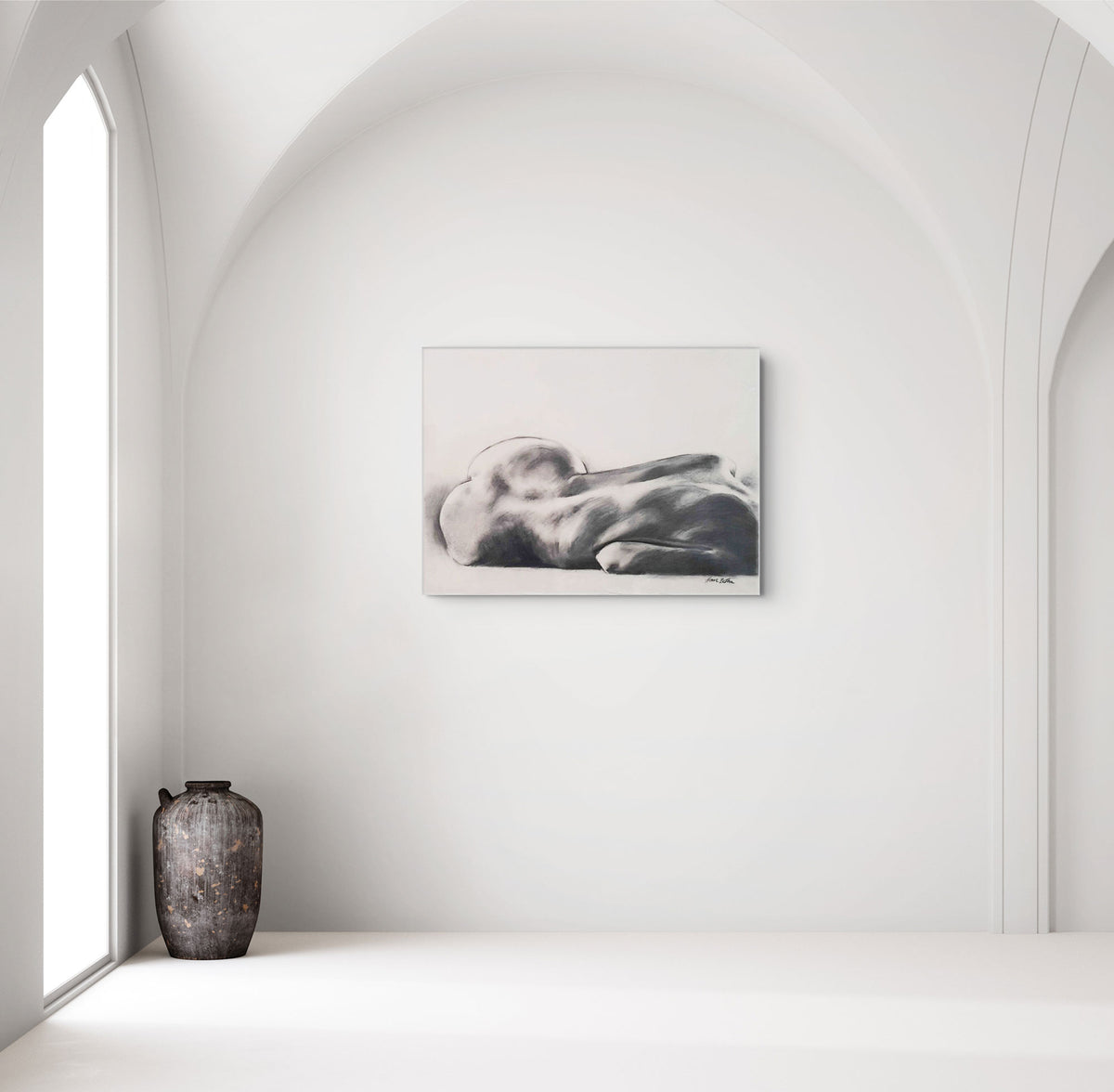 Large charcoal nude drawing by Hein Botha displayed on a white wall in a minimal arched interior.