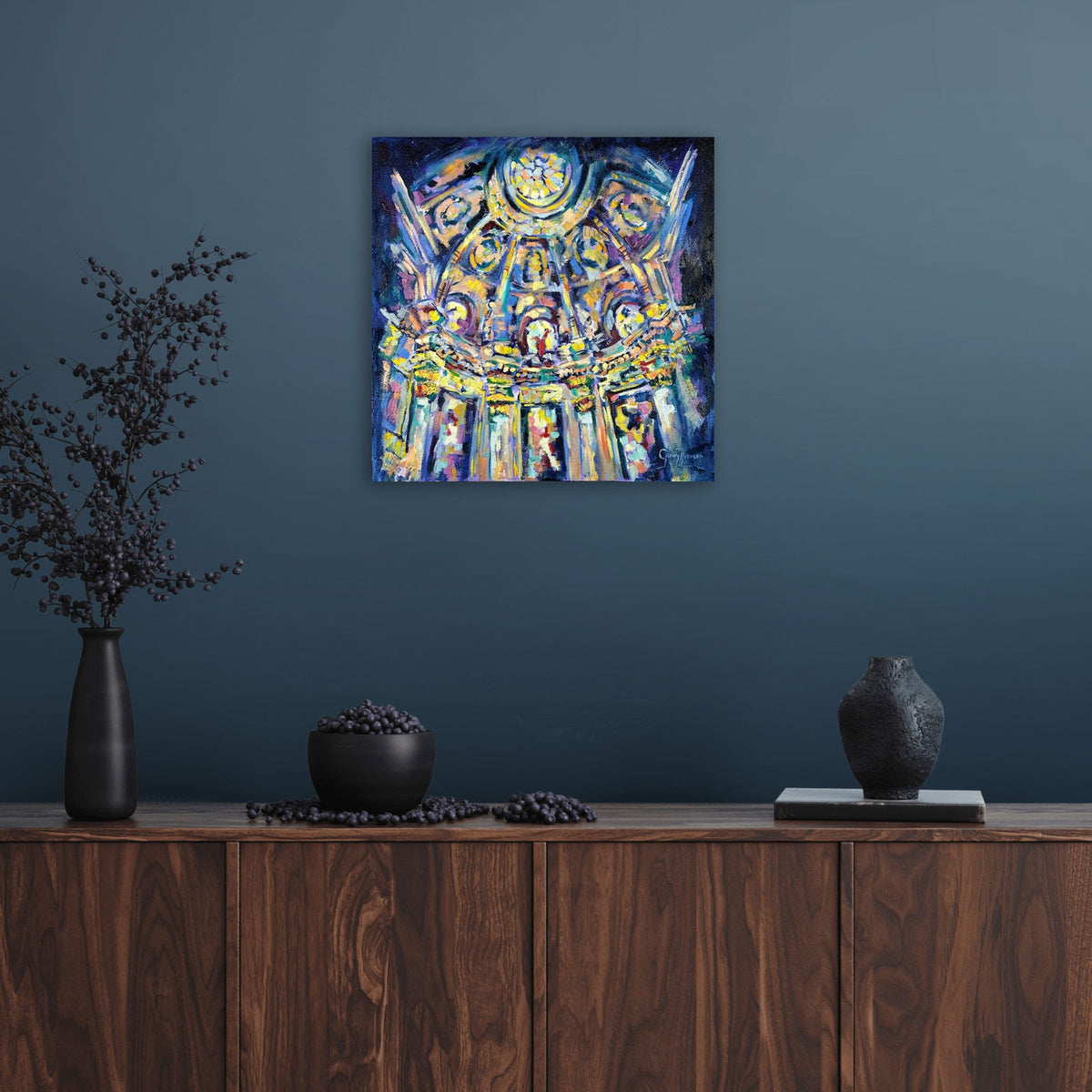 Divine Luminosity XV by Grady T Zeeman displayed in a contemporary interior, showing the scale of the colourful oil painting.