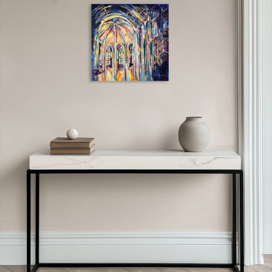 Grady T Zeeman’s Divine Luminosity XVI displayed in a contemporary interior, showing the scale and luminous colour of the cathedral painting.