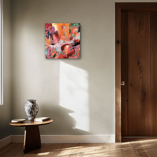 Memories of Childhood by Karen Hammat displayed in a light-filled contemporary interior, showing the scale and vibrant colour of the abstract painting.