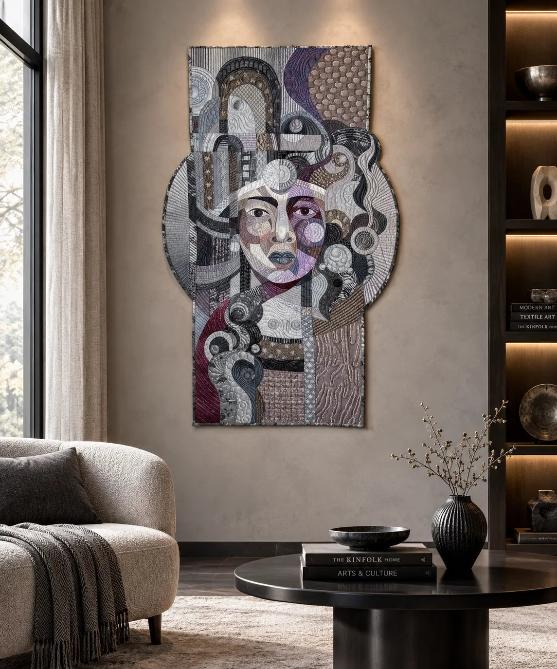 Amethyst Glow on Silver by Galla Grotto displayed as large-scale wall-mounted textile art in a contemporary interior.