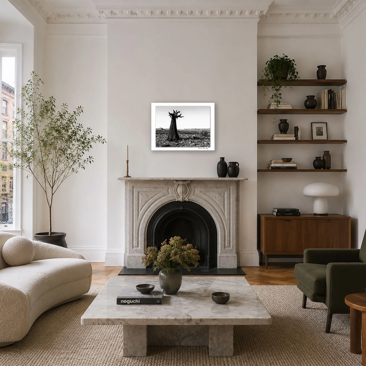 Peter Delaney’s black and white photograph Kuchiki no Tamashii, displayed above a fireplace in a contemporary living room.
