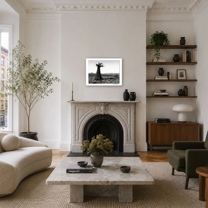 Peter Delaney’s black and white photograph Kuchiki no Tamashii, displayed above a fireplace in a contemporary living room.