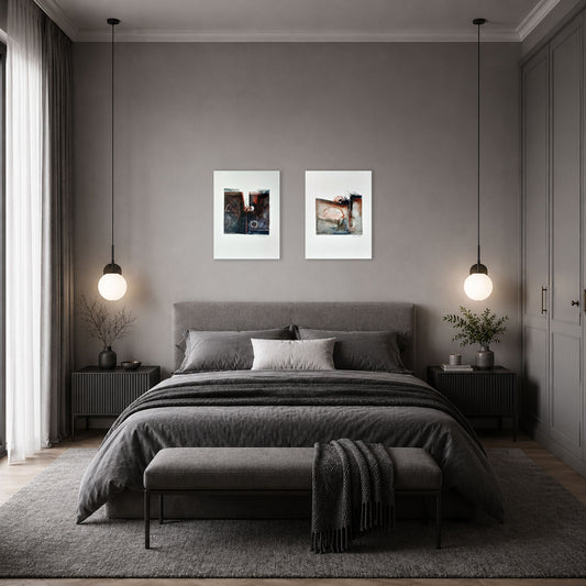 Two abstract paintings by Hein Botha in acrylic ink and watercolour on paper, displayed side by side above a bed in a contemporary neutral interior.