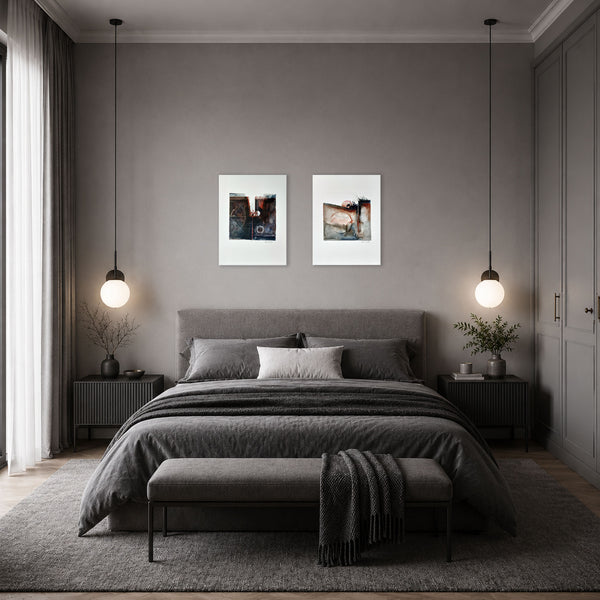 Two abstract paintings by Hein Botha in acrylic ink and watercolour on paper, displayed side by side above a bed in a contemporary neutral interior.