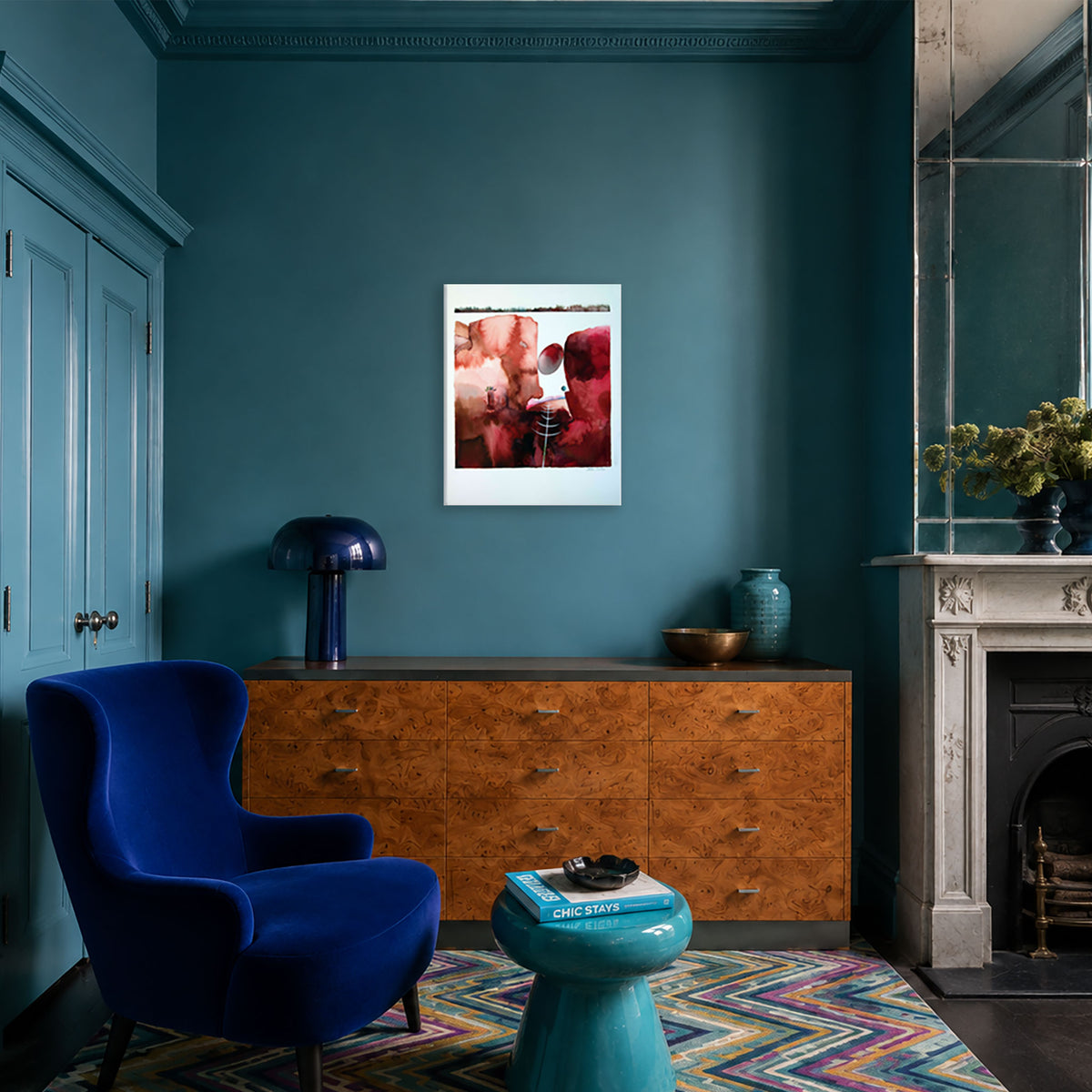 Timeframe 1 by Hein Botha, an abstract watercolour painting in red and burgundy tones, displayed in a blue contemporary interior.