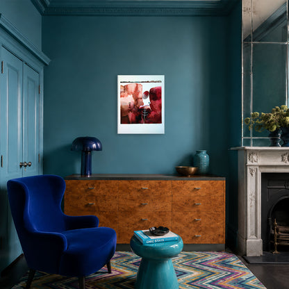 Timeframe 1 by Hein Botha, an abstract watercolour painting in red and burgundy tones, displayed in a blue contemporary interior.