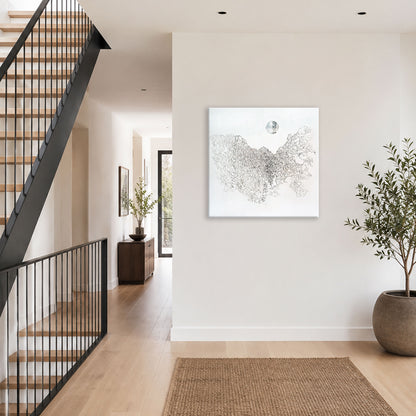 Swartberg Unfinished Symphony 2 by Hein Botha, a black ink drawing on canvas, displayed on a white wall in a contemporary interior beside a staircase.