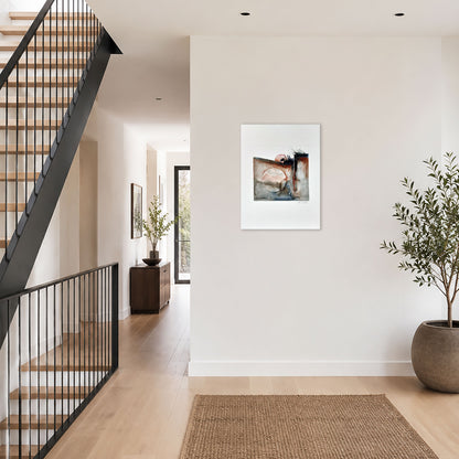 Magma Momento by Hein Botha, an abstract acrylic ink and watercolour painting on paper displayed in a contemporary interior beside a modern staircase.
