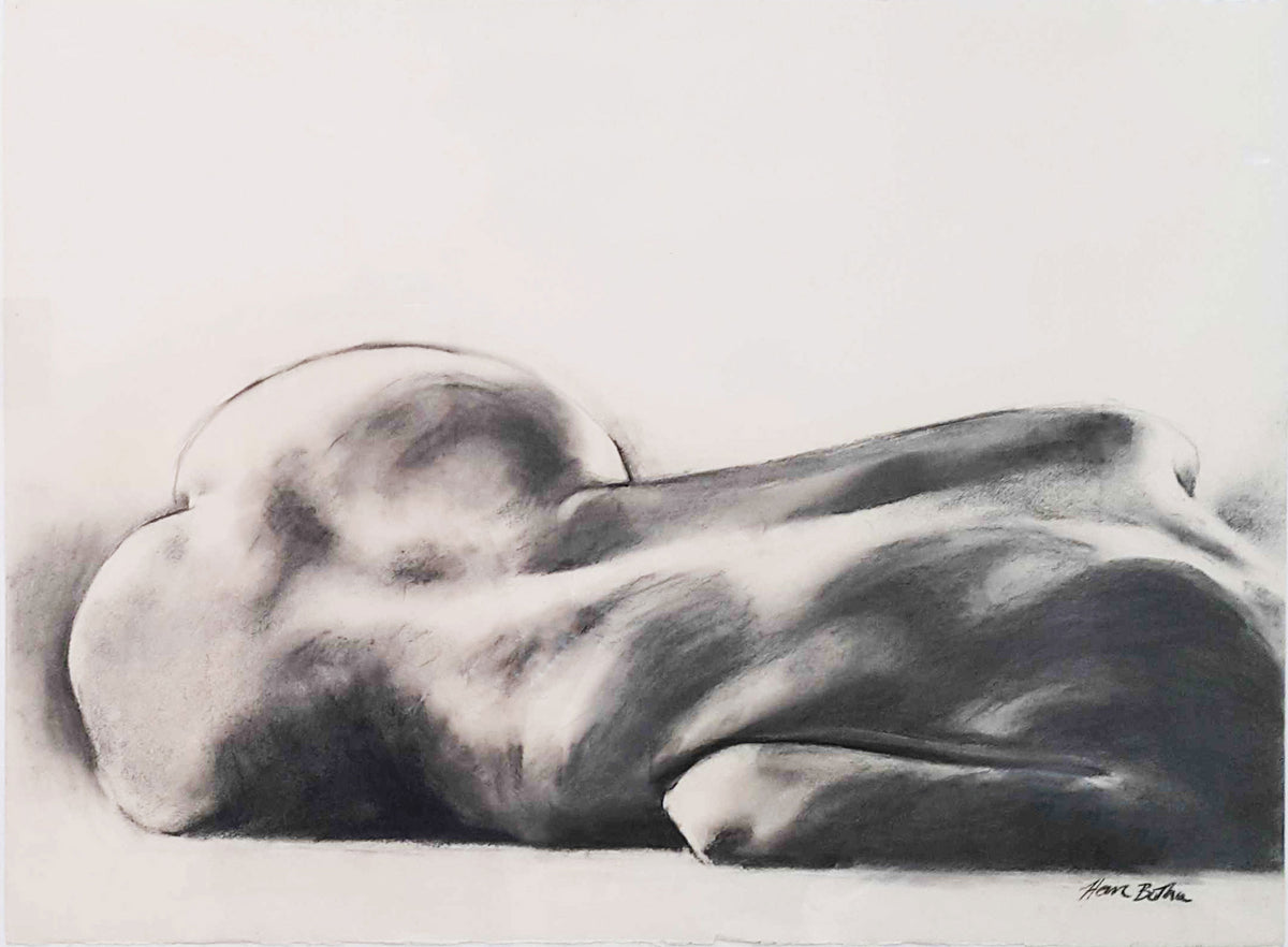 Charcoal drawing by Hein Botha depicting a reclining nude figure viewed from behind, rendered in soft black and grey tones.