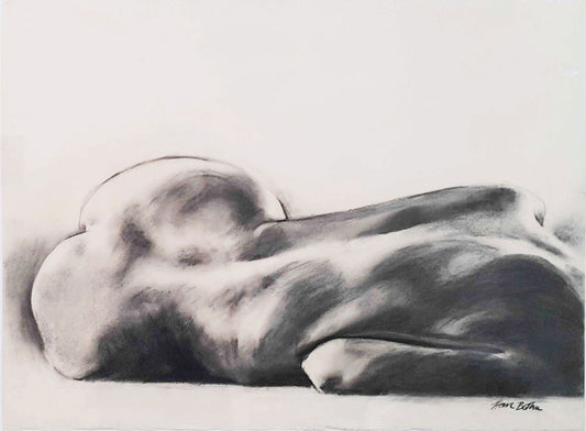 Charcoal drawing by Hein Botha depicting a reclining nude figure viewed from behind, rendered in soft black and grey tones.