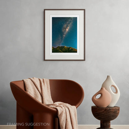 Milky Way Over the Outeniquas by Chris Daly, South African astrophotography print showing the Milky Way above the Outeniqua Mountains, displayed framed in a contemporary interior.