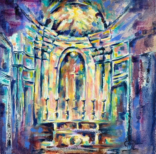 Divine Luminosity I by Grady T Zeeman, a colourful painting of a church altar illuminated by candlelight and luminous blues, yellows and violets.