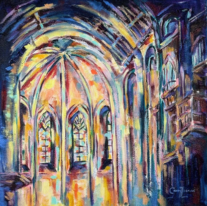 Divine Luminosity XVI by Grady T Zeeman, an expressive oil painting of cathedral architecture illuminated through vivid yellow, blue and turquoise colour.