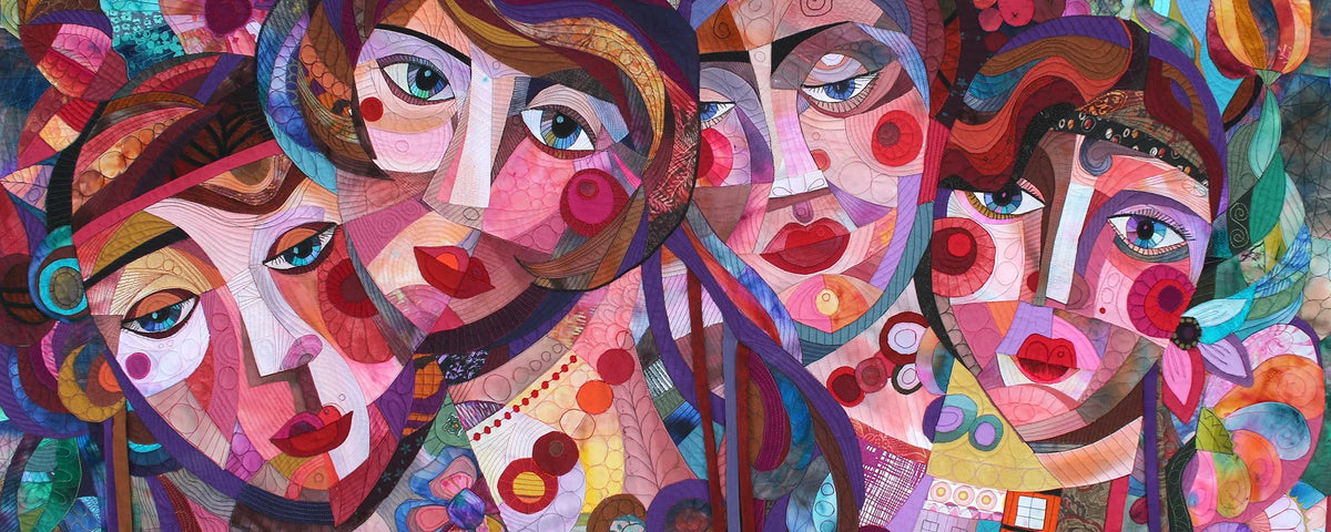 Detail of Equilibrium (Territory of Women) by Galla Grotto, a colourful textile artwork depicting four women through layered fabric, quilting and intricate stitching.