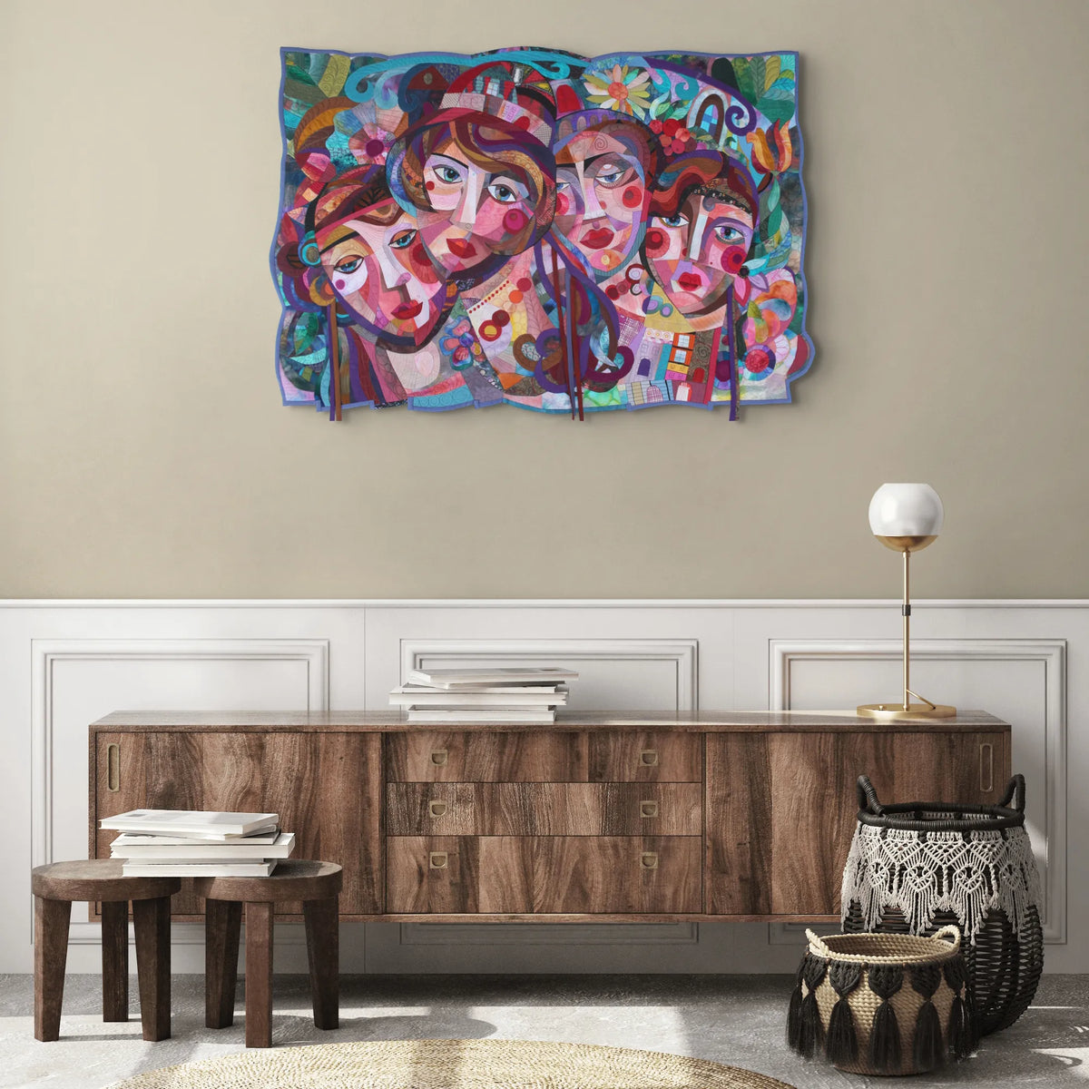 Equilibrium (Territory of Women) by Galla Grotto displayed as large-scale wall-mounted textile art in a neutrral interior.