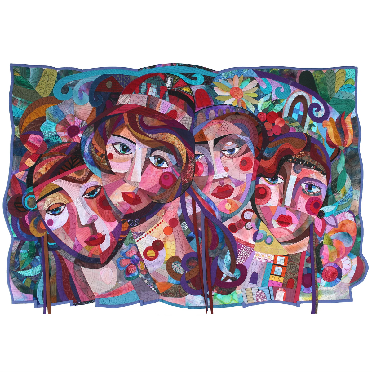 Equilibrium (Territory of Women) by Galla Grotto, a colourful textile artwork depicting four women through layered fabric, quilting and intricate stitching.