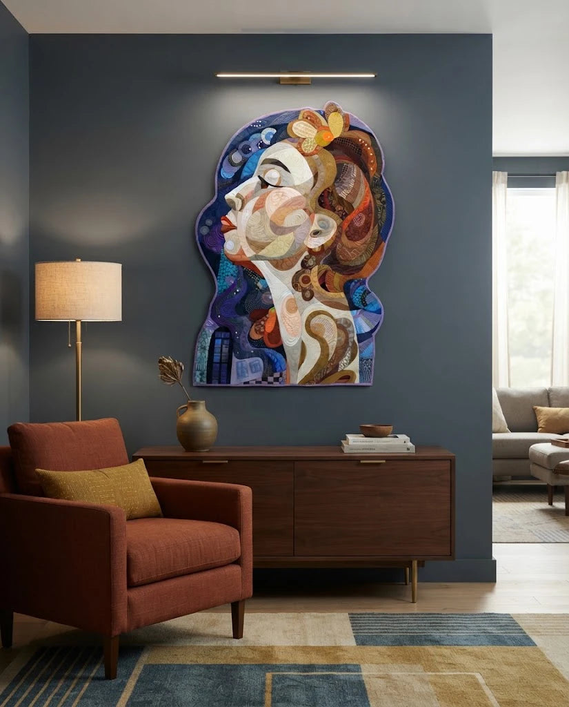 Evening Star by Galla Grotto displayed as wall-mounted textile art in a contemporary interior, showing the work’s large sculptural silhouette.