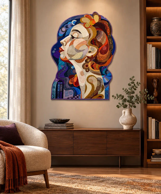 Galla Grotto’s Evening Star textile artwork displayed in a contemporary living space, with its richly stitched figurative portrait and vivid colour.