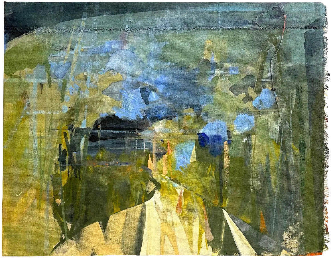 Game On by Linda McCann, an abstract mixed-media painting incorporating textiles. Layered greens, yellows and blues evoke outdoor recreational spaces in Ireland, with visible stitching and raw fabric edges.