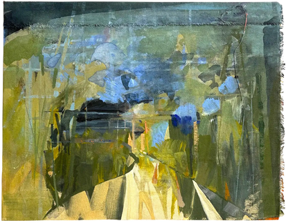 Game On by Linda McCann, an abstract mixed-media painting incorporating textiles. Layered greens, yellows and blues evoke outdoor recreational spaces in Ireland, with visible stitching and raw fabric edges.