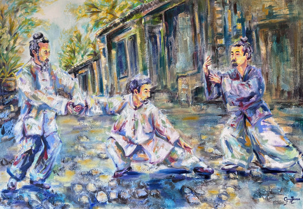 Gentle Discipline by Grady T Zeeman, figurative oil painting of three practitioners of Eastern martial traditions in an outdoor setting.