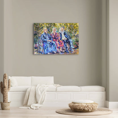Holy Laughter by Grady T Zeeman displayed above a white sofa in a neutral contemporary living room.