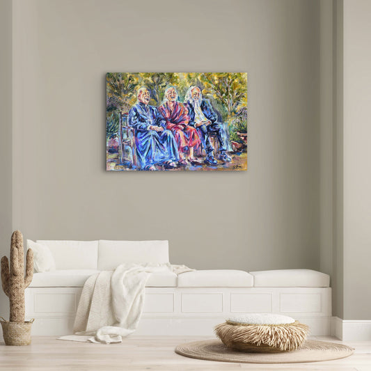 Holy Laughter by Grady T Zeeman displayed above a white sofa in a neutral contemporary living room.