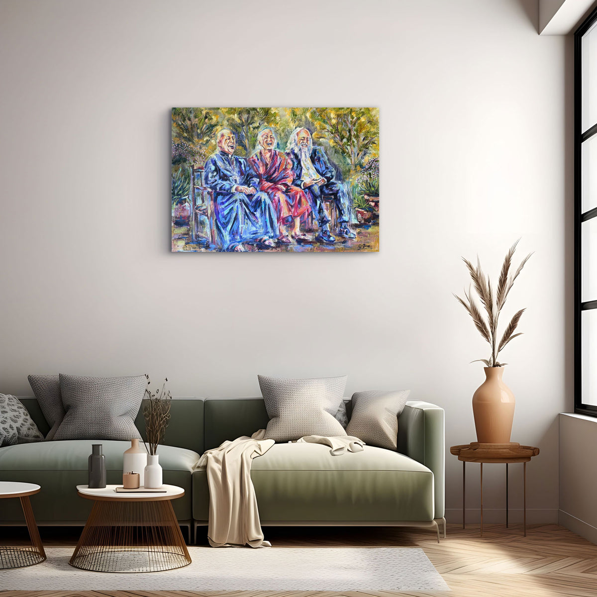 Holy Laughter by Grady T Zeeman displayed above a green sofa in a light-filled contemporary living room.