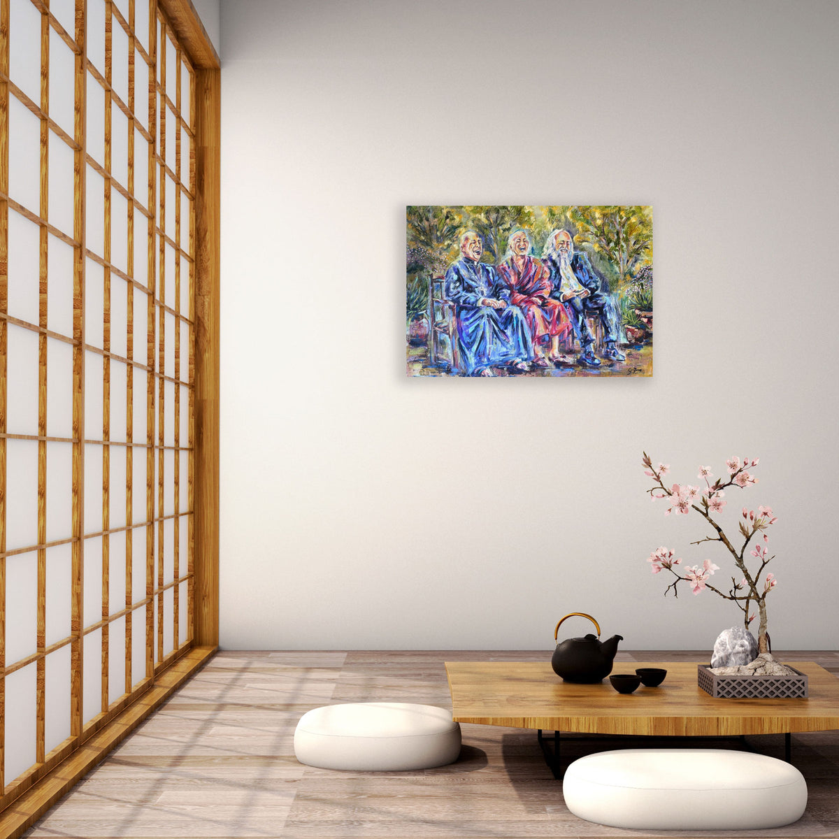 Holy Laughter by Grady T Zeeman displayed in a minimalist Japanese-inspired interior with timber screens and a low table.
