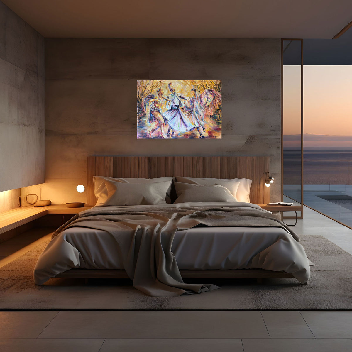 Sacred Movement by Grady T Zeeman displayed above a bed in a contemporary hotel bedroom overlooking the sea.