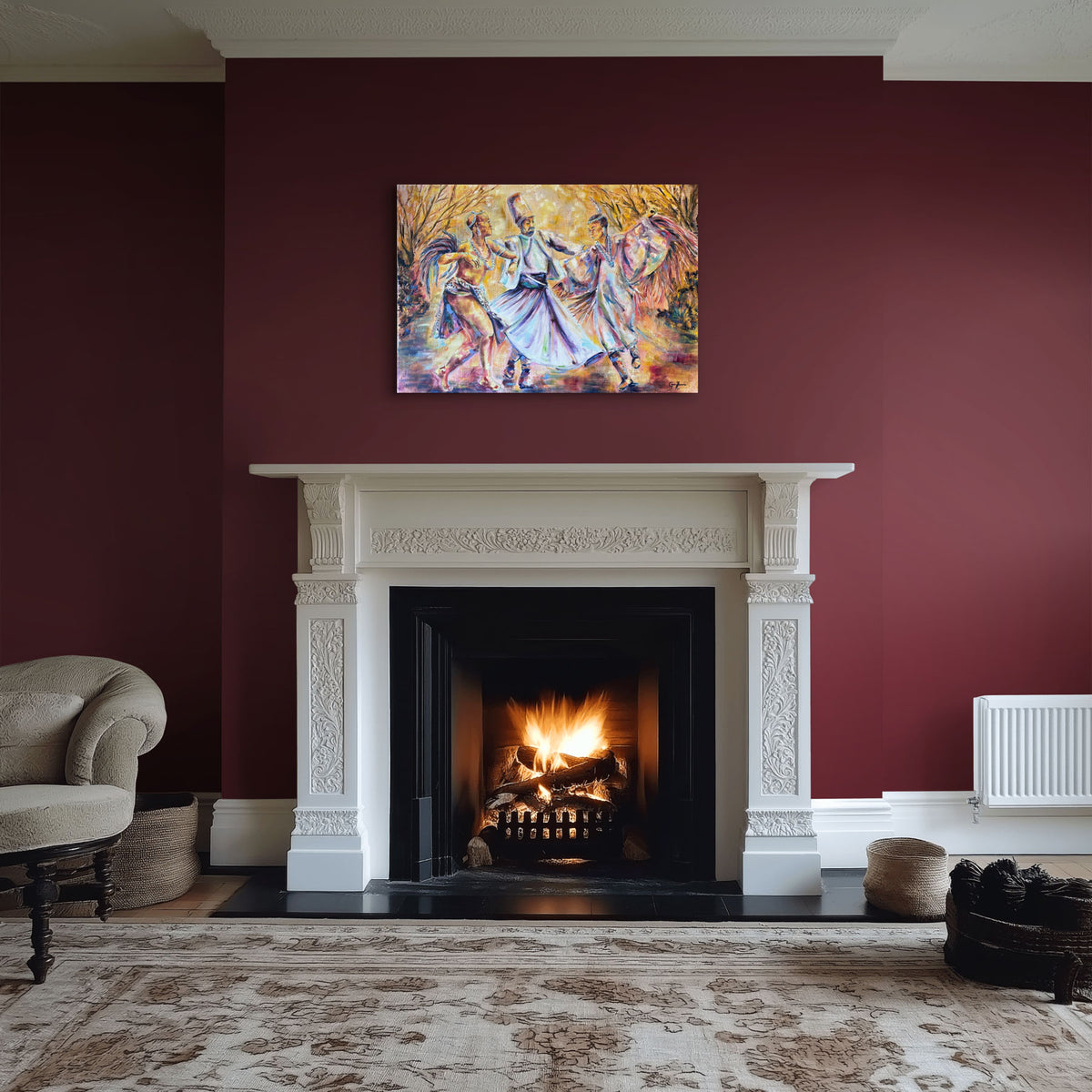 Sacred Movement by Grady T Zeeman displayed above a white fireplace on a deep red wall in a traditional interior.