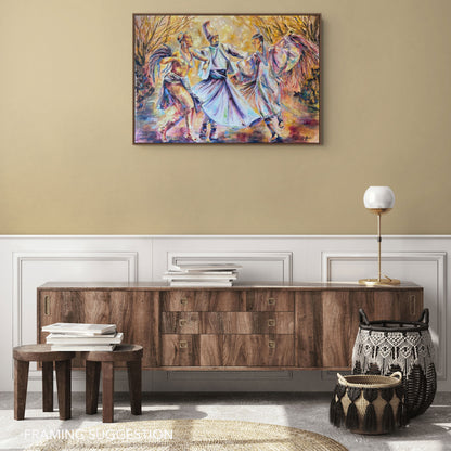 Sacred Movement by Grady T Zeeman shown framed above a wooden sideboard in a neutral contemporary interior.