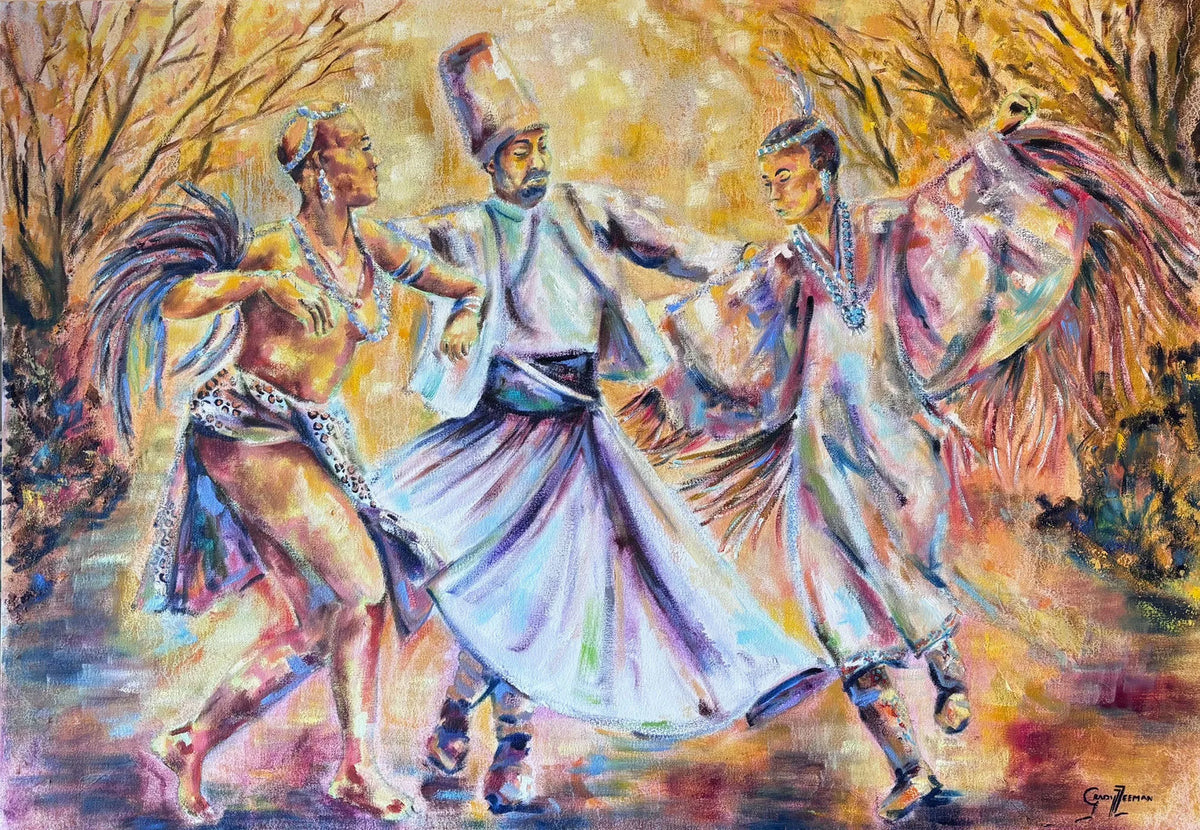 Sacred Movement by Grady T Zeeman, figurative oil painting of three dancers in traditional dress moving together against a warm golden landscape.