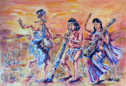 Untamed Harmony by Grady T Zeeman, colourful figurative oil painting of three musicians playing, singing and dancing together.