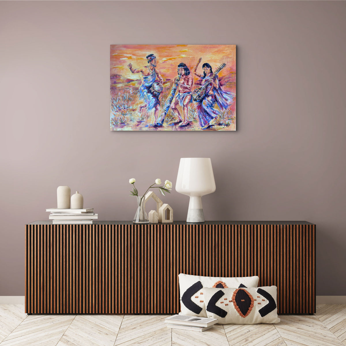 Untamed Harmony by Grady T Zeeman displayed above a contemporary wood console against a soft neutral wall.