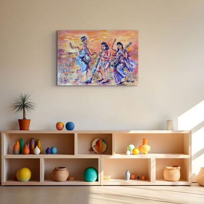 Untamed Harmony by Grady T Zeeman displayed above pale wood shelving in a bright contemporary interior.