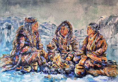 Wise Women of Worth by Grady T Zeeman, figurative oil painting of three women from different cultures gathered around a fire in a snowy mountain landscape.