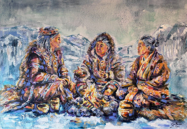 Wise Women of Worth by Grady T Zeeman, figurative oil painting of three women from different cultures gathered around a fire in a snowy mountain landscape.