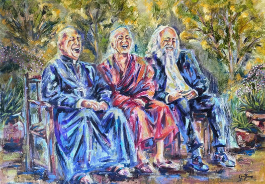 Holy Laughter by Grady T Zeeman, figurative oil painting of three people from different faith traditions seated together laughing in a garden.