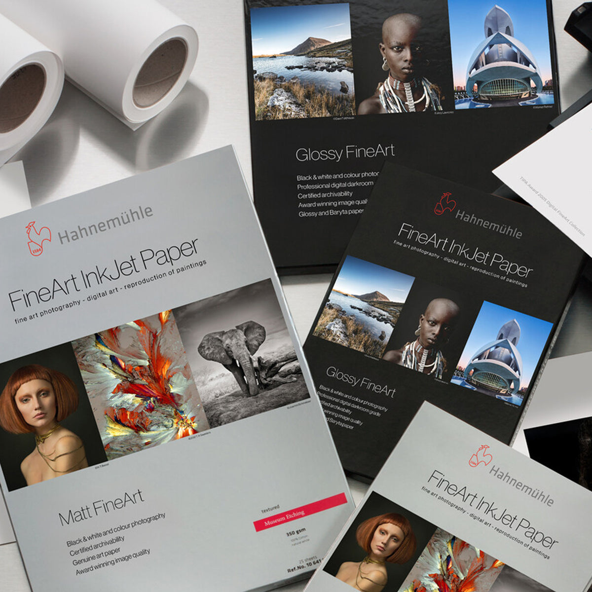 A selection of Hannemuhle fine art papers in pages and rolls.