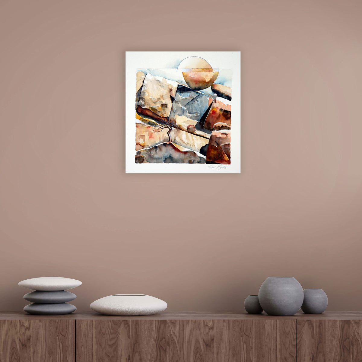 Hein Botha abstract landscape artwork displayed in a neutral contemporary interior
